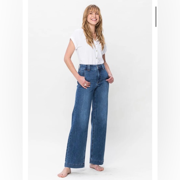 High Waist Double Button Wide Leg Jeans in Medium Blue by Judy Blue Size 20W NWT - Picture 4 of 7